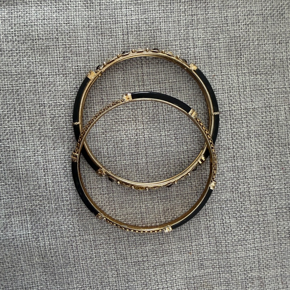 Gold Tone & Black Enamel Bangle Bracelets Set | Textured Stackable Bangles - Picture 3 of 5